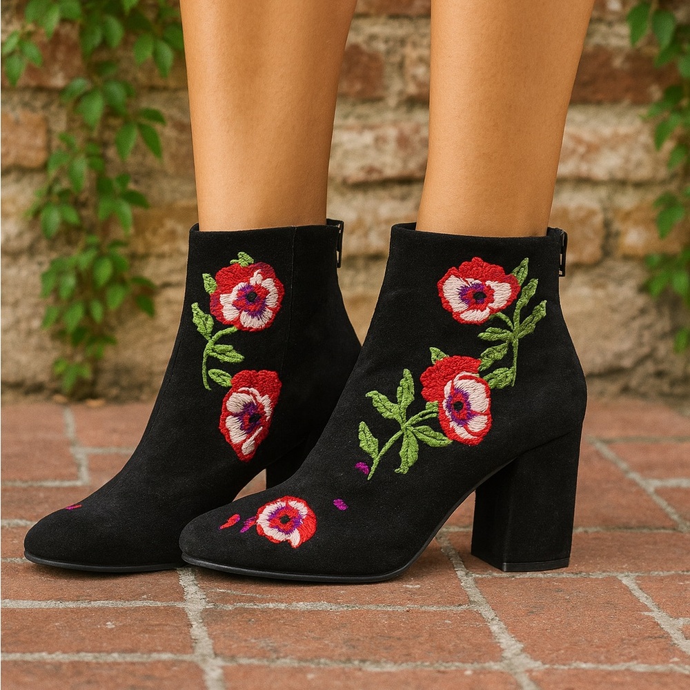 RENVY Black Floral Suede Embroidered Ankle Boots, 38/8